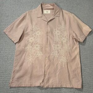 Folk Shirt Embroidered Camp Collar Medium Rose Pink Linen Cotton Boho Minimalist